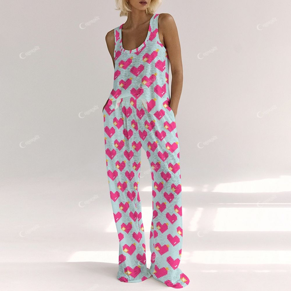 Colordate Women's Pink Heart Print Vest and Pants Set