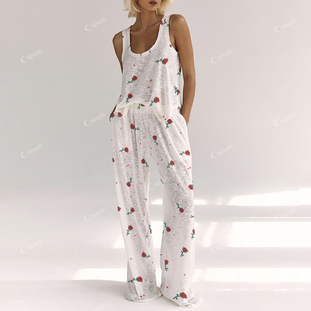 Colordate Rosarium Women's Rose Print Vest and Pants Set
