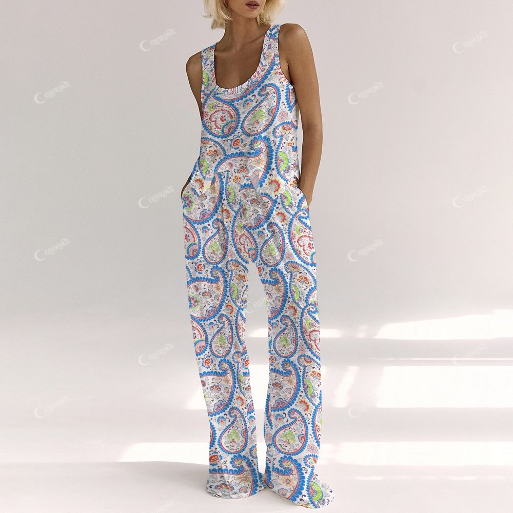 Colordate Women's Blue Paisley Pattern Print Vest and Pants Set