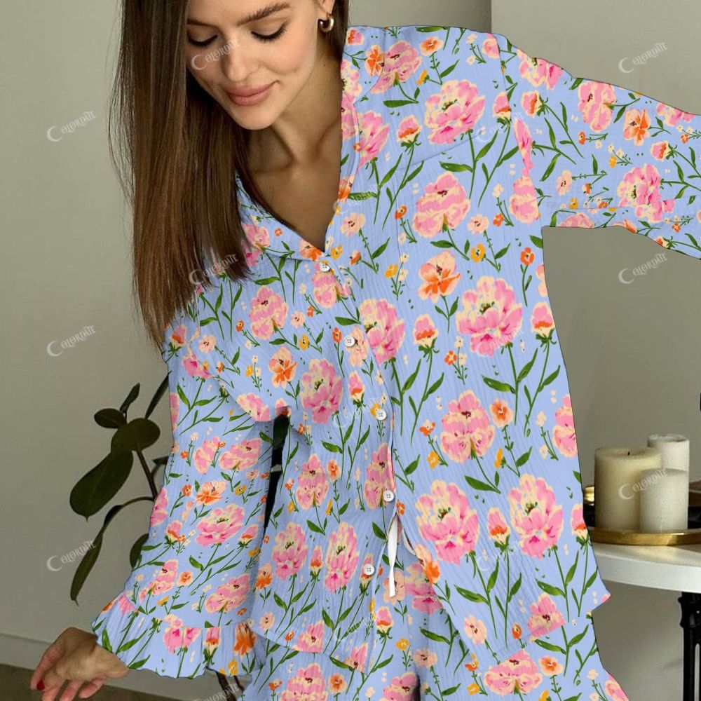 Colordate Women's Pink Flower Vintage Printed Linen Cotton Suit