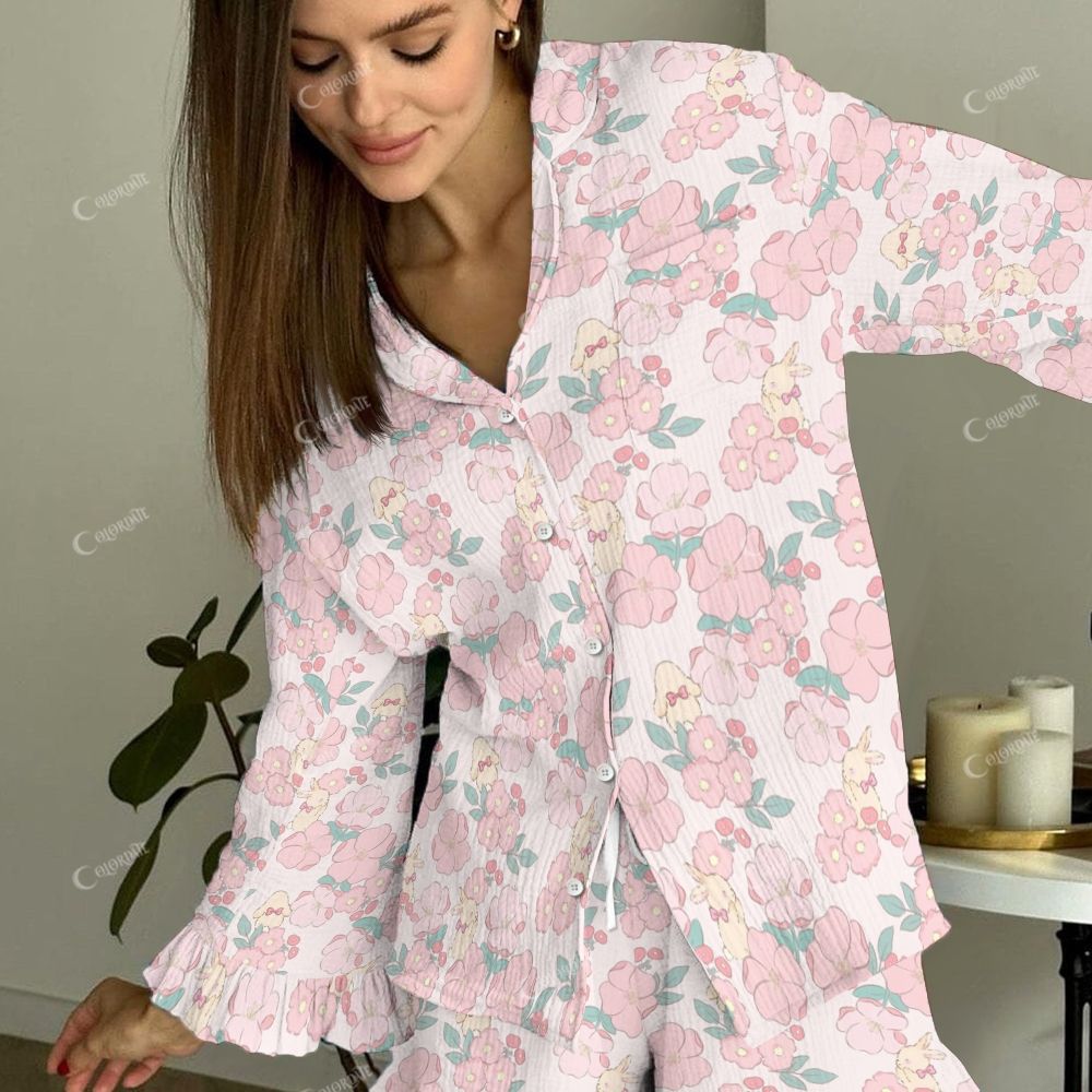 Colordate Chroma Petal Women's Pink Flowers And Cute Rabbits Vintage Printed Linen Cotton Suit