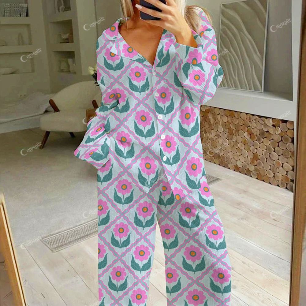 Colordate Women's Pink Flower Print Cotton Cardigan Homewear Set