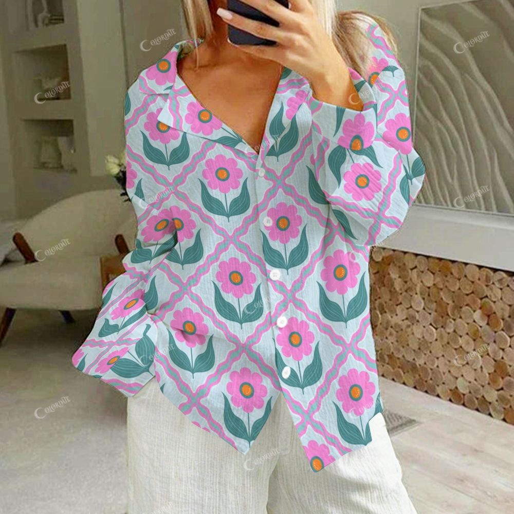 Colordate Women's Pink Flower Print Cotton Cardigan Homewear Set