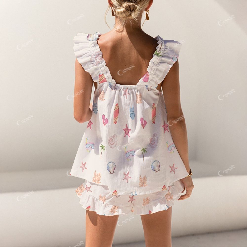 Colordate Beach Element Print Short Tank Top Shorts Pajama Set