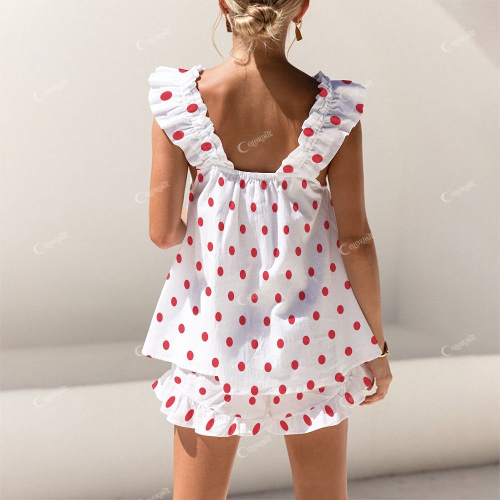 Colordate Red Polka Dot Print Short Tank Top Shorts Pajama Set