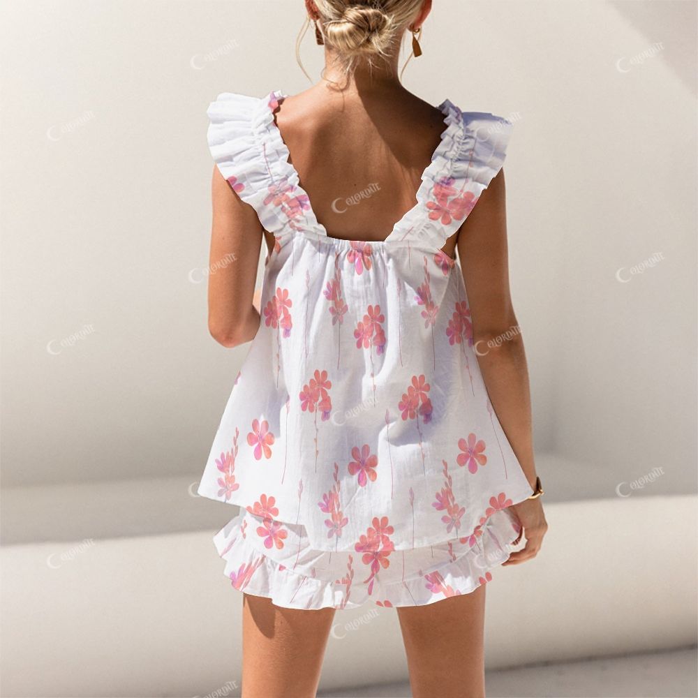 Colordate Pink Floral Print Short Tank Top Shorts Pajama Set