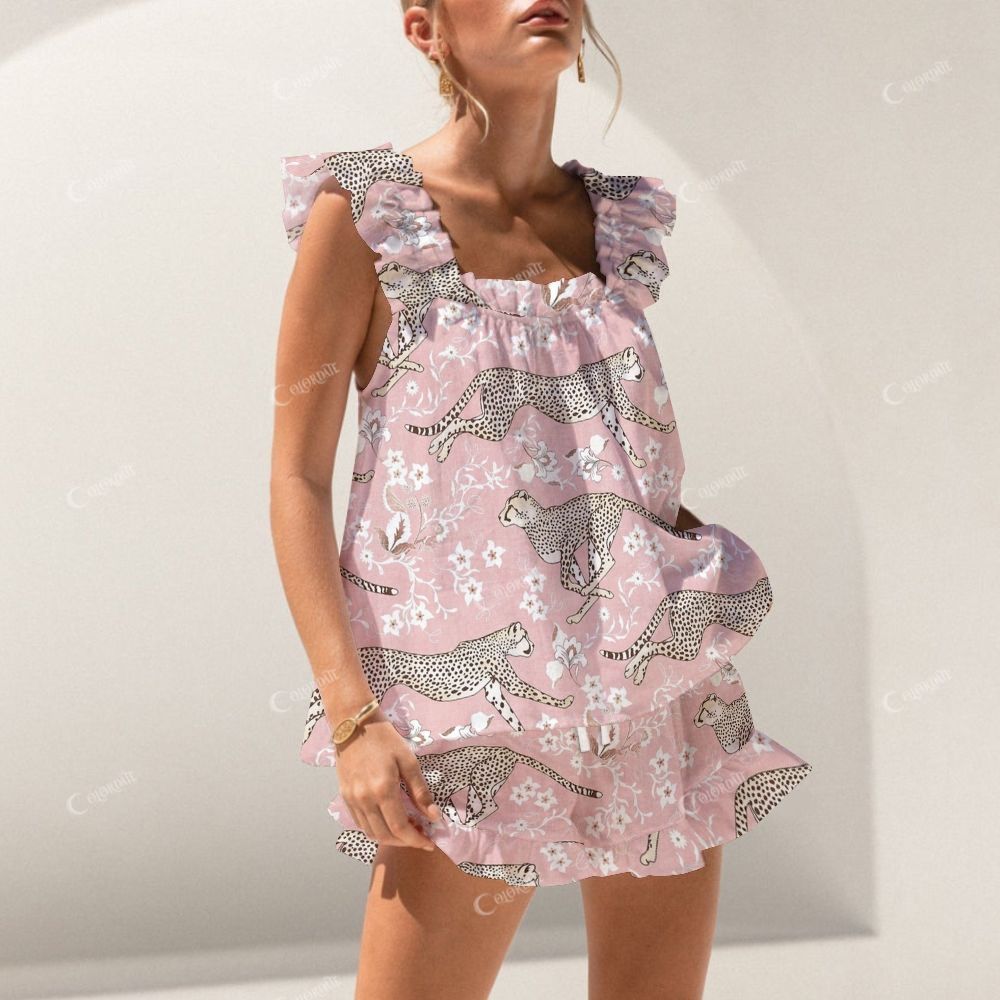 Colordate Leopard Print Short Tank Top Shorts Pajama Set