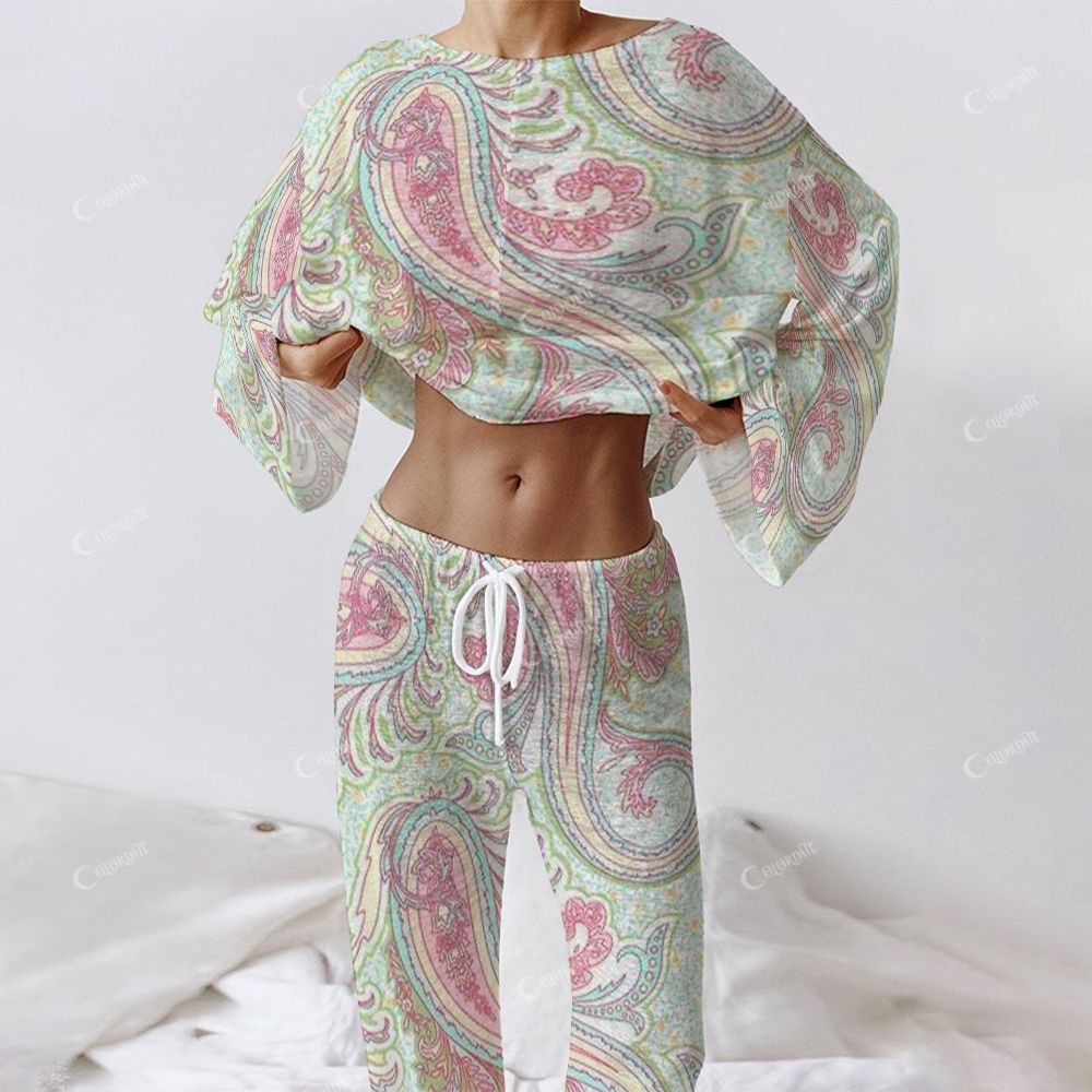 Colordate Women's Colorful Paisley Pattern Print Long Sleeve Cotton Homewear Set