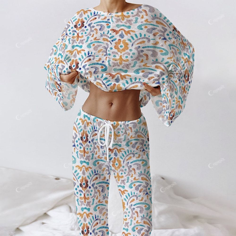 Colordate Women's Pattern Print Long Sleeve Cotton Homewear Set