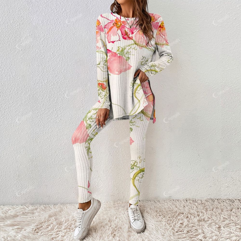 Colordate Stained Bloom Women's Pink Watercolor Floral Print Long Sleeve Suit