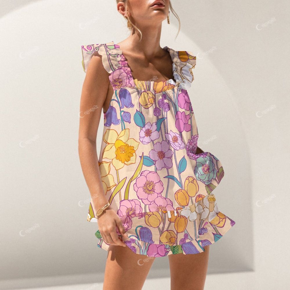 Colordate Colorful Floral Print Short Tank Top Shorts Pajama Set