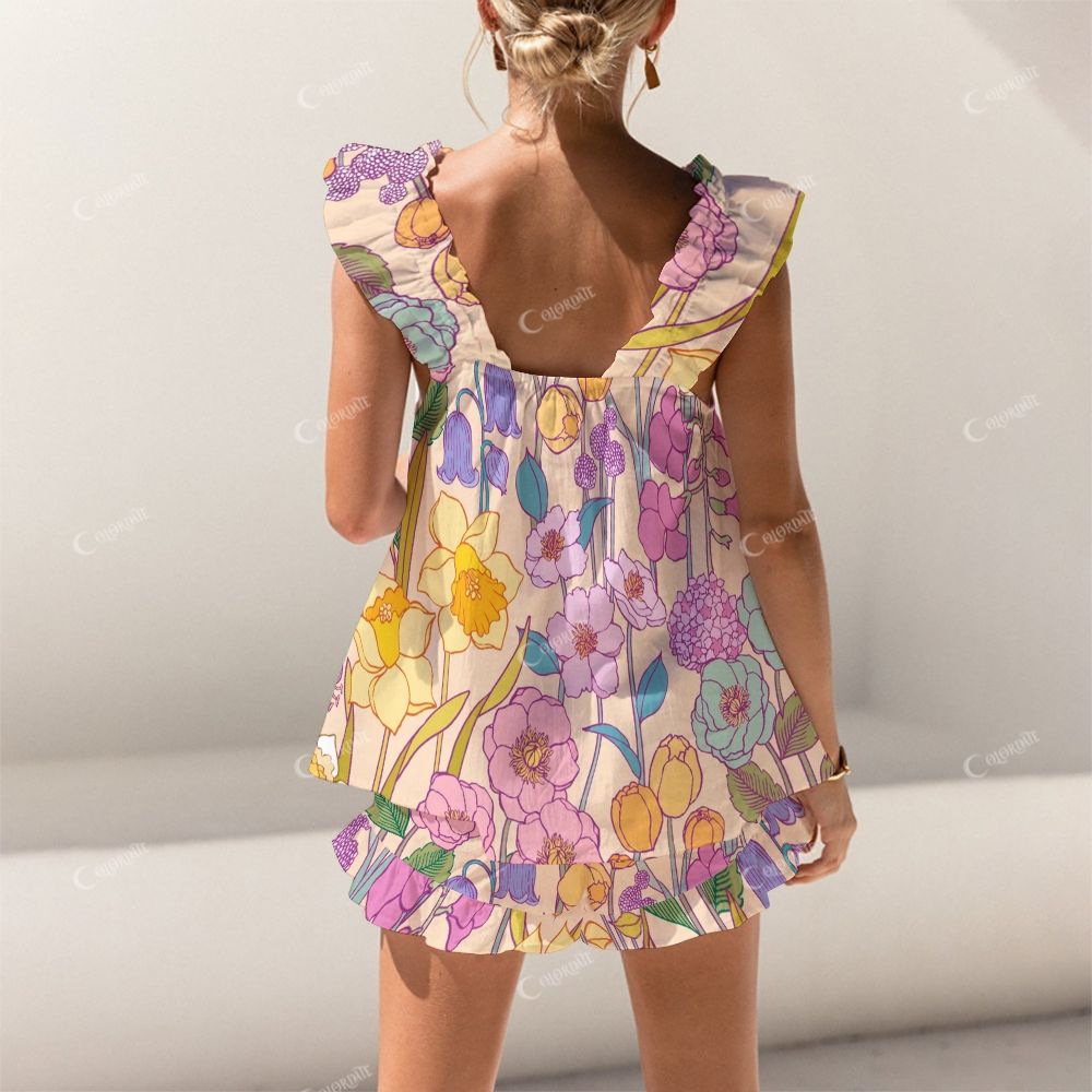 Colordate Colorful Floral Print Short Tank Top Shorts Pajama Set