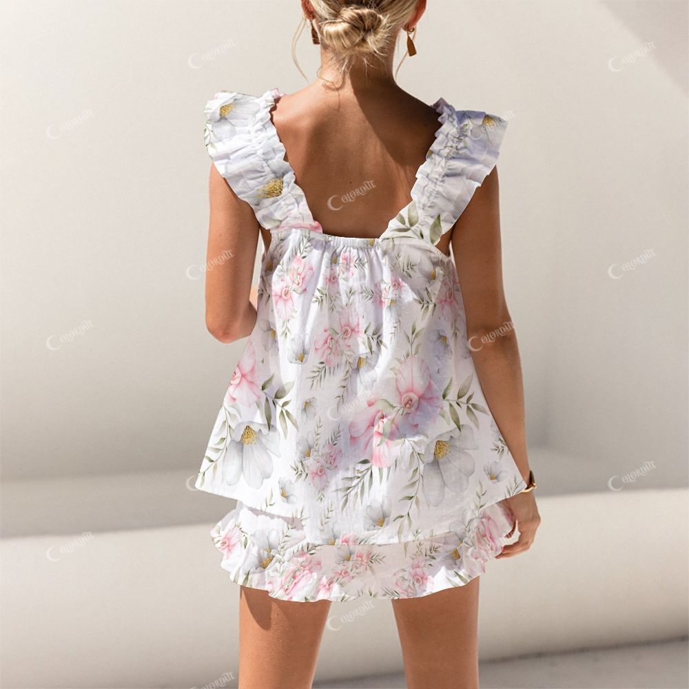 Colordate Pink Floral Print Short Tank Top Shorts Pajama Set