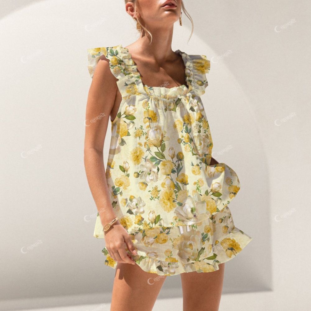Colordate Yellow Floral Print Short Tank Top Shorts Pajama Set