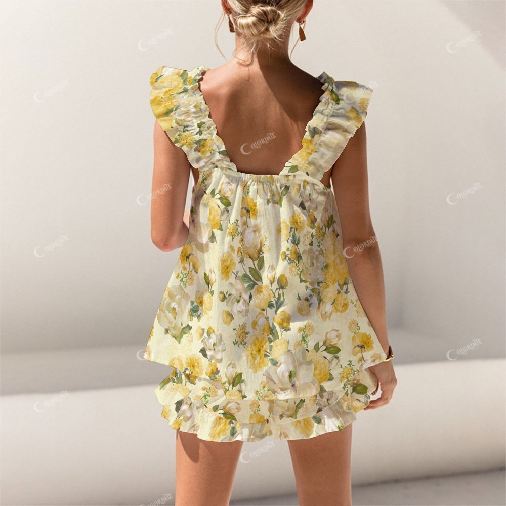 Colordate Yellow Floral Print Short Tank Top Shorts Pajama Set
