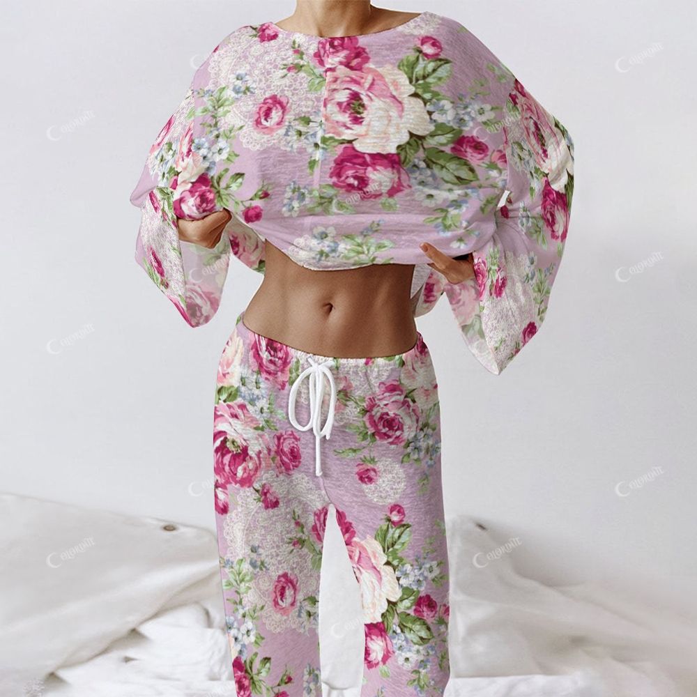 Colordate Women's Rose Red Floral Print Long Sleeve Cotton Homewear Set