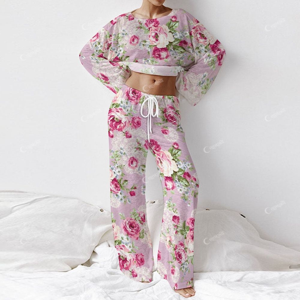 Colordate Women's Rose Red Floral Print Long Sleeve Cotton Homewear Set
