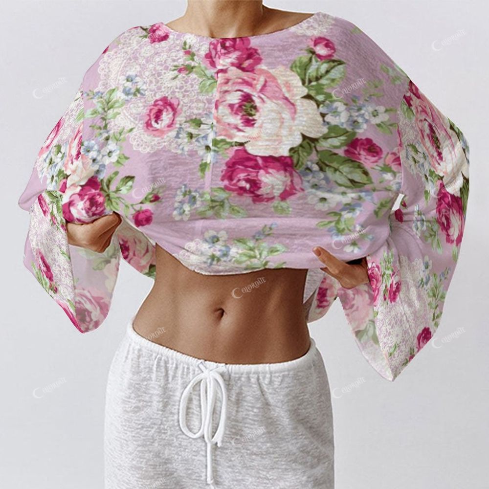 Colordate Women's Rose Red Floral Print Long Sleeve Cotton Homewear Set