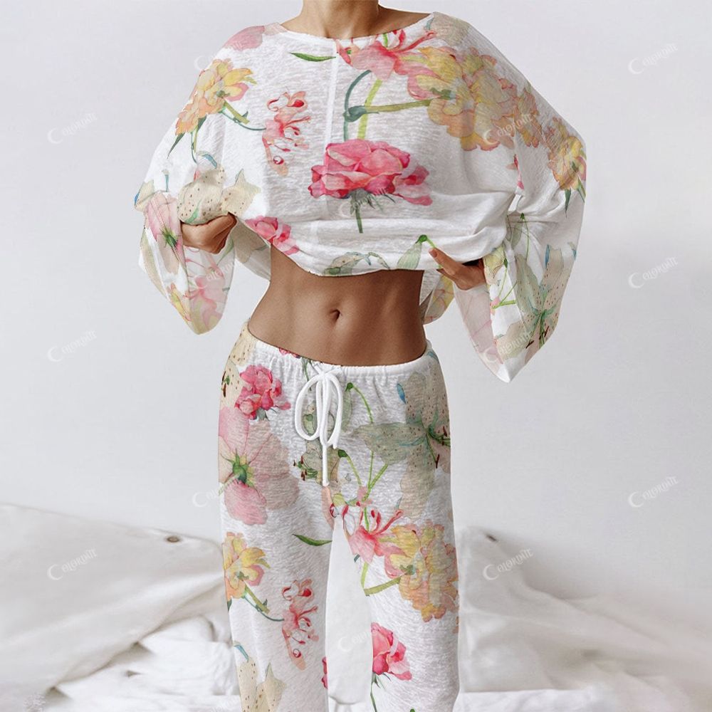 Colordate Women's Colorful Floral Print Long Sleeve Cotton Homewear Set