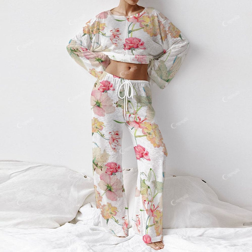 Colordate Women's Colorful Floral Print Long Sleeve Cotton Homewear Set