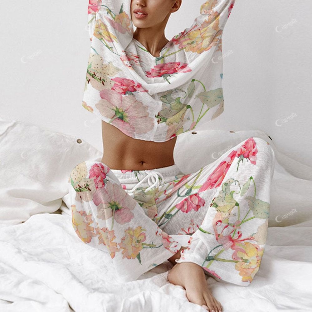 Colordate Women's Colorful Floral Print Long Sleeve Cotton Homewear Set