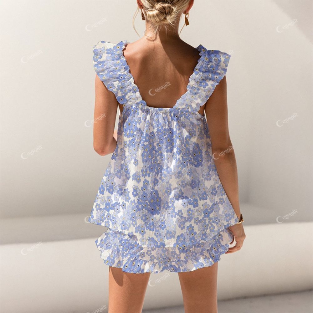 Colordate Blue Floral Print Short Tank Top Shorts Pajama Set