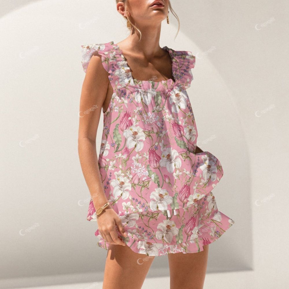 Colordate White And Pink Floral Prints Short Tank Top Shorts Pajama Set