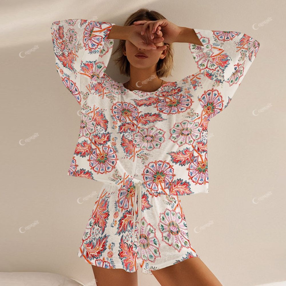 Colordate Women's Orange Floral Print Long Sleeve Shorts Set