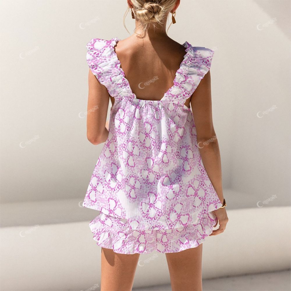 Colordate Pink Pattern Print Short Tank Top Shorts Pajama Set