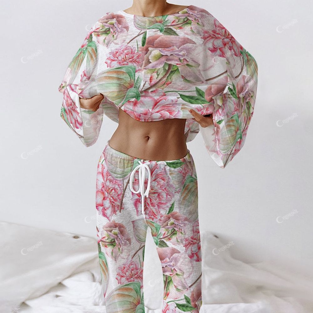Colordate Women's Pink Flower Print Long Sleeve Cotton Homewear Set