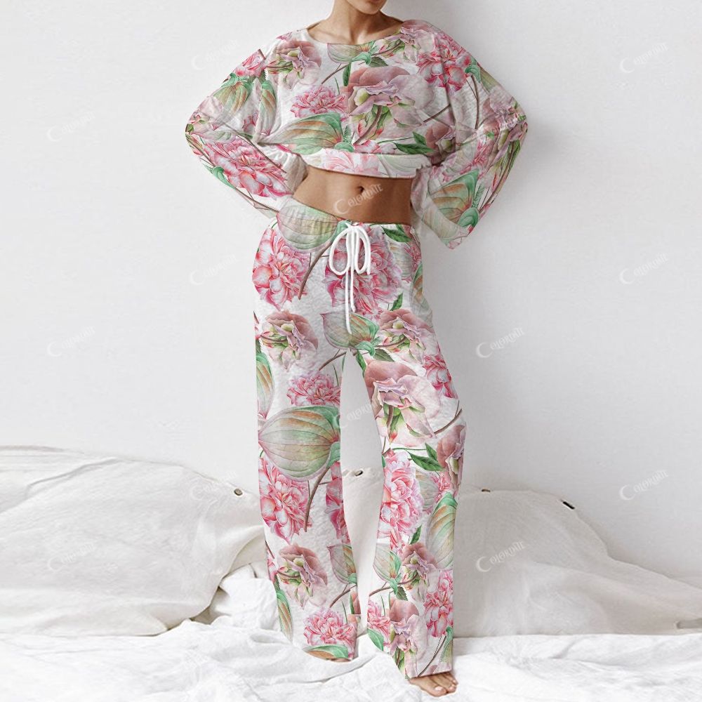 Colordate Women's Pink Flower Print Long Sleeve Cotton Homewear Set