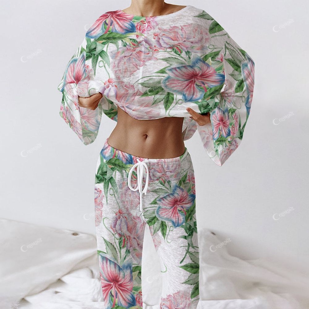 Colordate Women's Blue And Pink Floral Print Long Sleeve Cotton Homewear Set