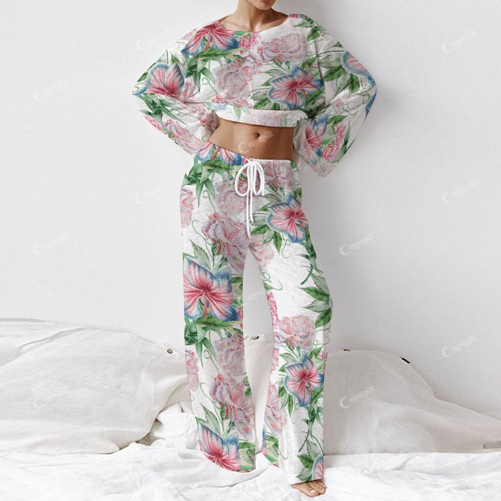 Colordate Women's Blue And Pink Floral Print Long Sleeve Cotton Homewear Set