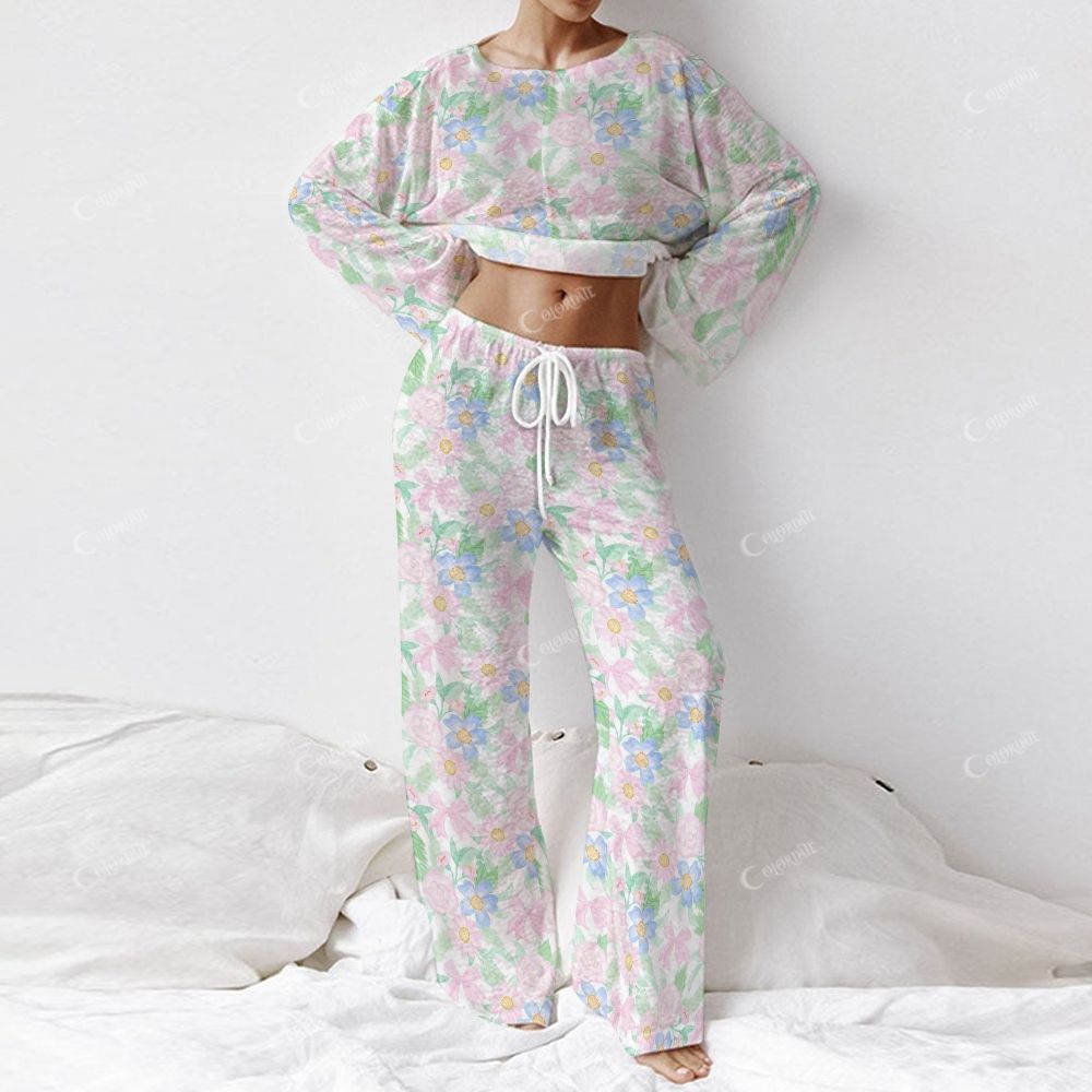 Colordate Women's Blue And Pink Flower Print Long Sleeve Cotton Homewear Set