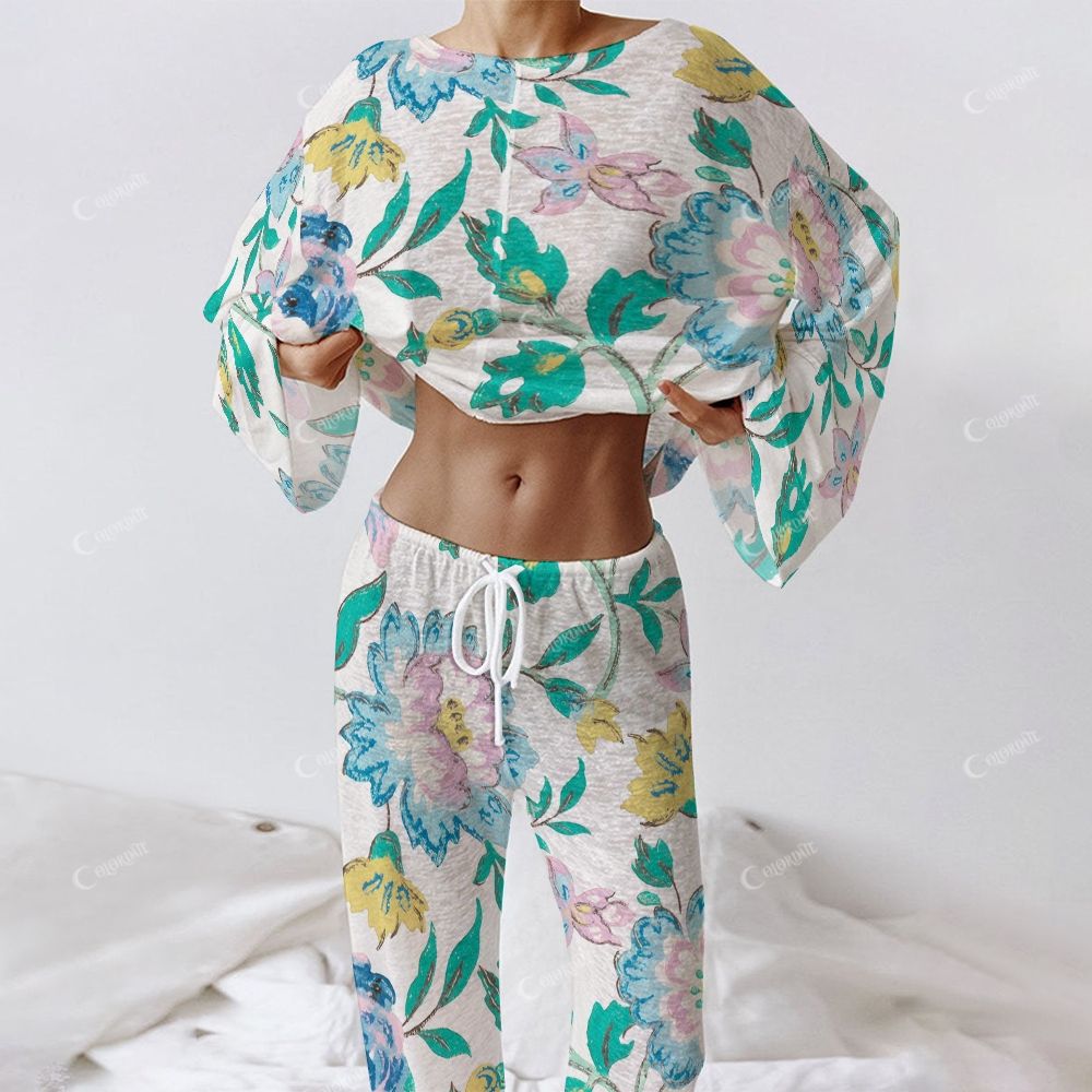 Colordate Women's Blue Flower Print Long Sleeve Cotton Homewear Set