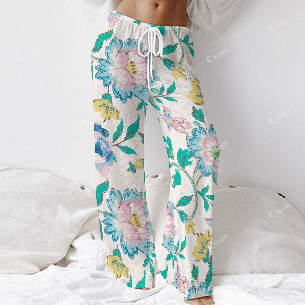 Colordate Women's Blue Flower Print Long Sleeve Cotton Homewear Set