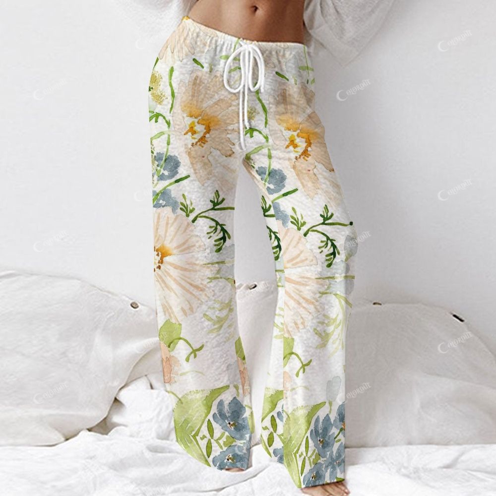 Colordate Women's Watercolor Floral Print Long Sleeve Cotton Homewear Set