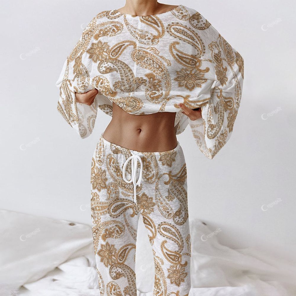 Colordate Women's Golden Paisley Print Long Sleeve Cotton Homewear Set