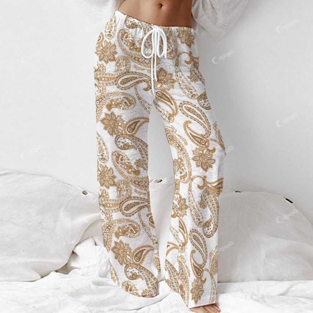 Colordate Women's Golden Paisley Print Long Sleeve Cotton Homewear Set