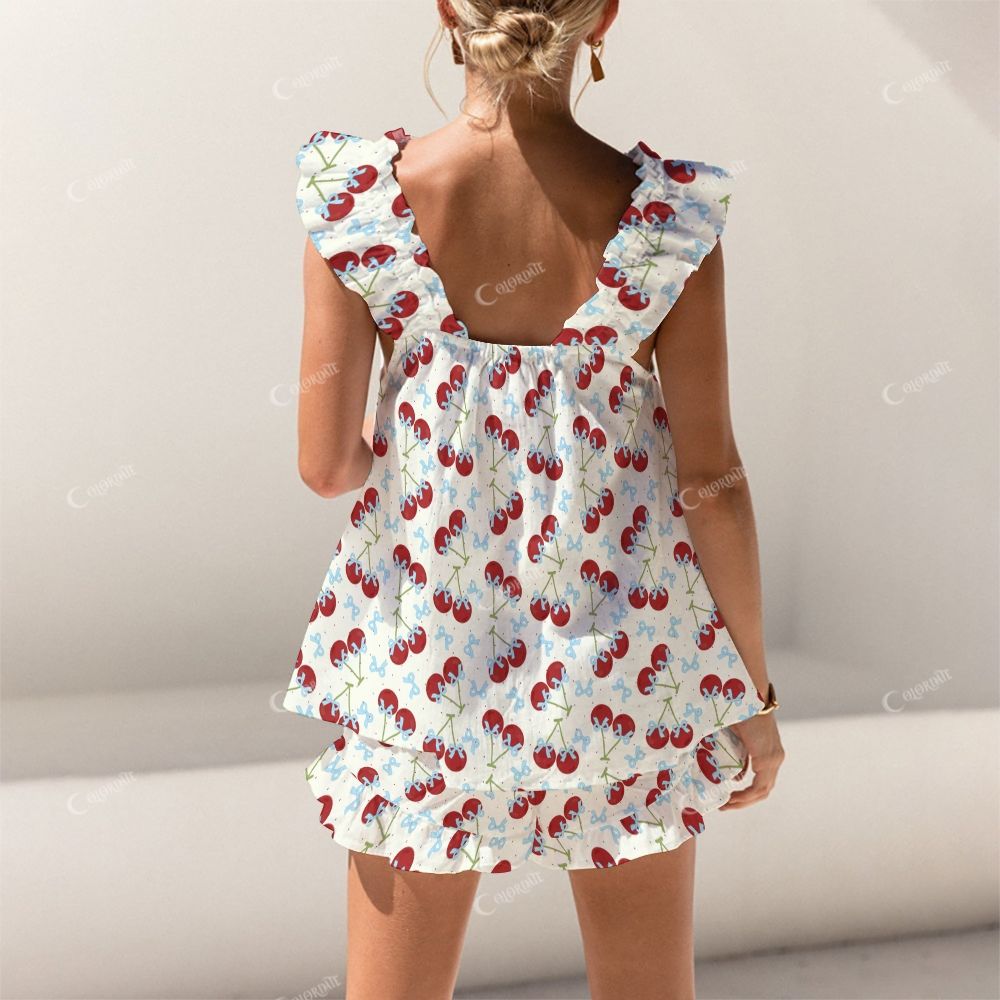 Colordate Cherry Print Short Tank Top Shorts Pajama Set