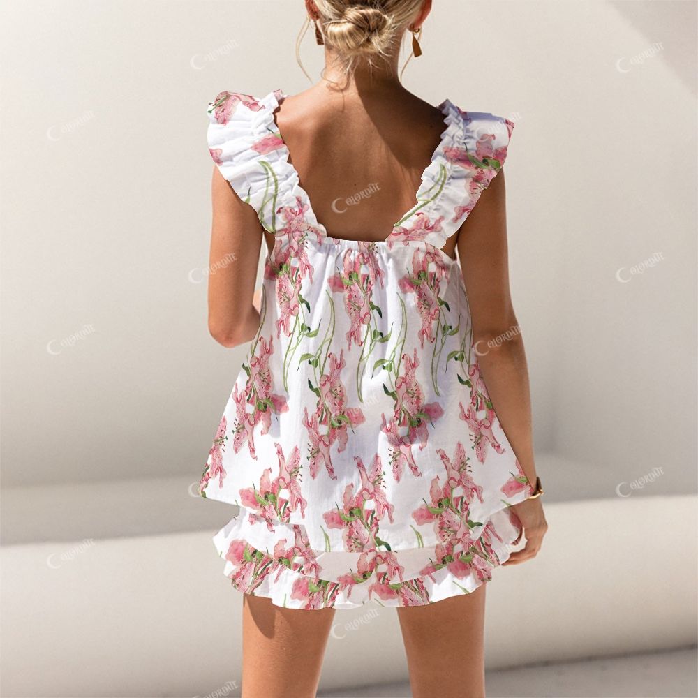 Colordate Pink Watercolor Floral Print Short Tank Top Shorts Pajama Set