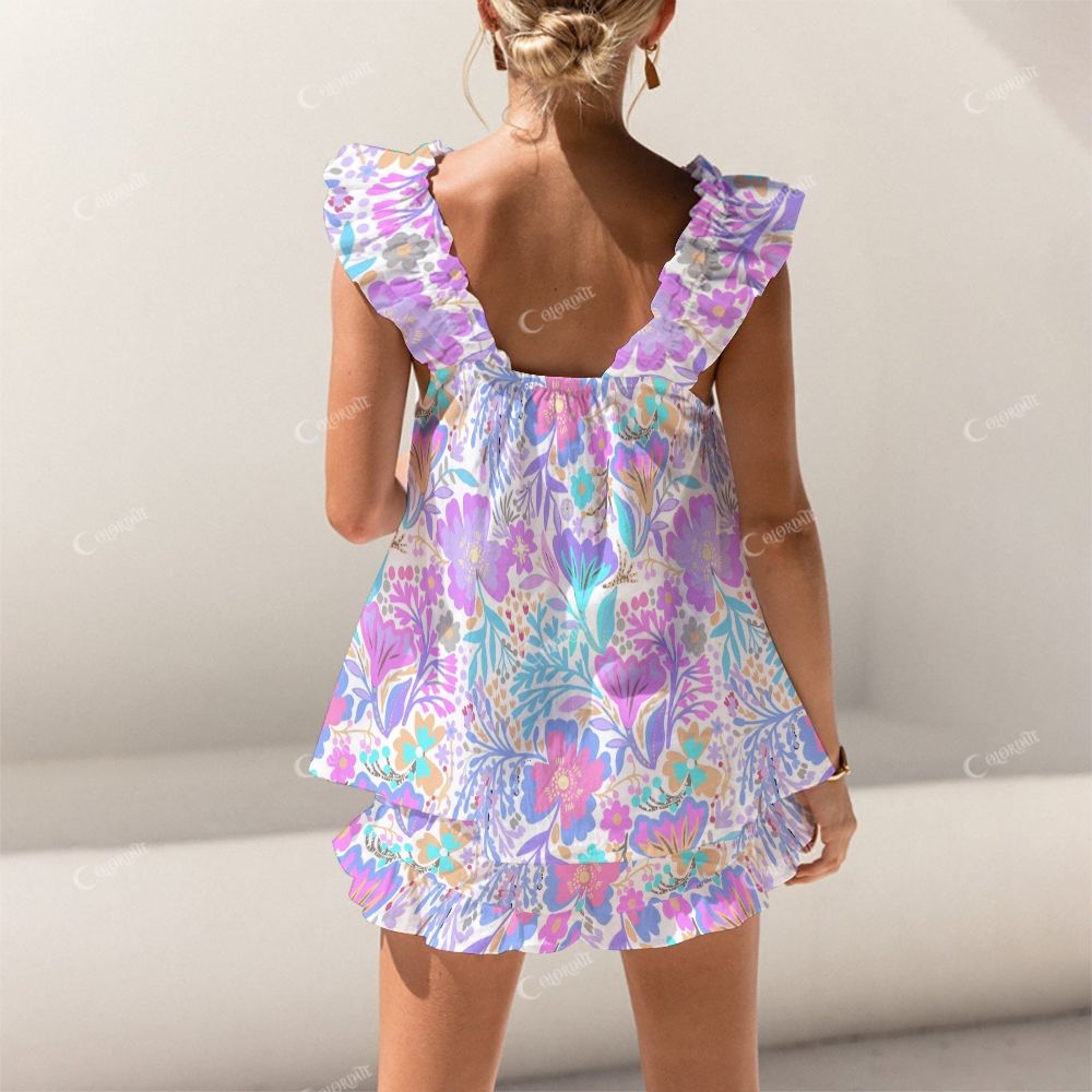 Colordate Colorful Floral Print Short Tank Top Shorts Pajama Set