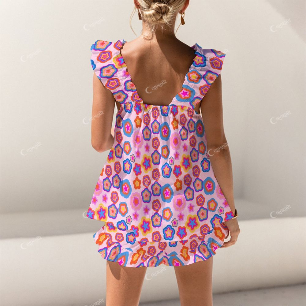 Colordate Colorful Floral Print Short Tank Top Shorts Pajama Set