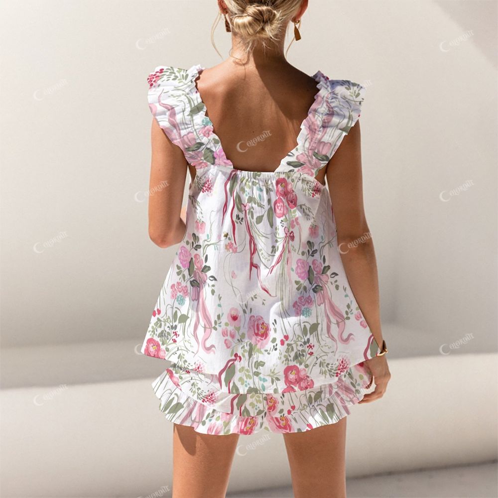 Colordate Pink Rose Print Short Tank Top Shorts Pajama Set