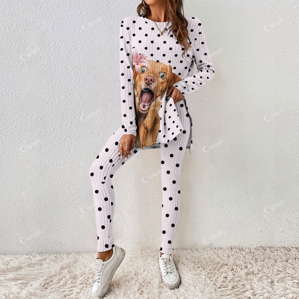 Colordate Polka Paws Women's Funny Puppy Print Long Sleeve Suit