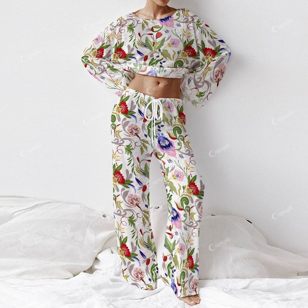 Colordate Women's Colorful Floral Print Long Sleeve Cotton Homewear Set