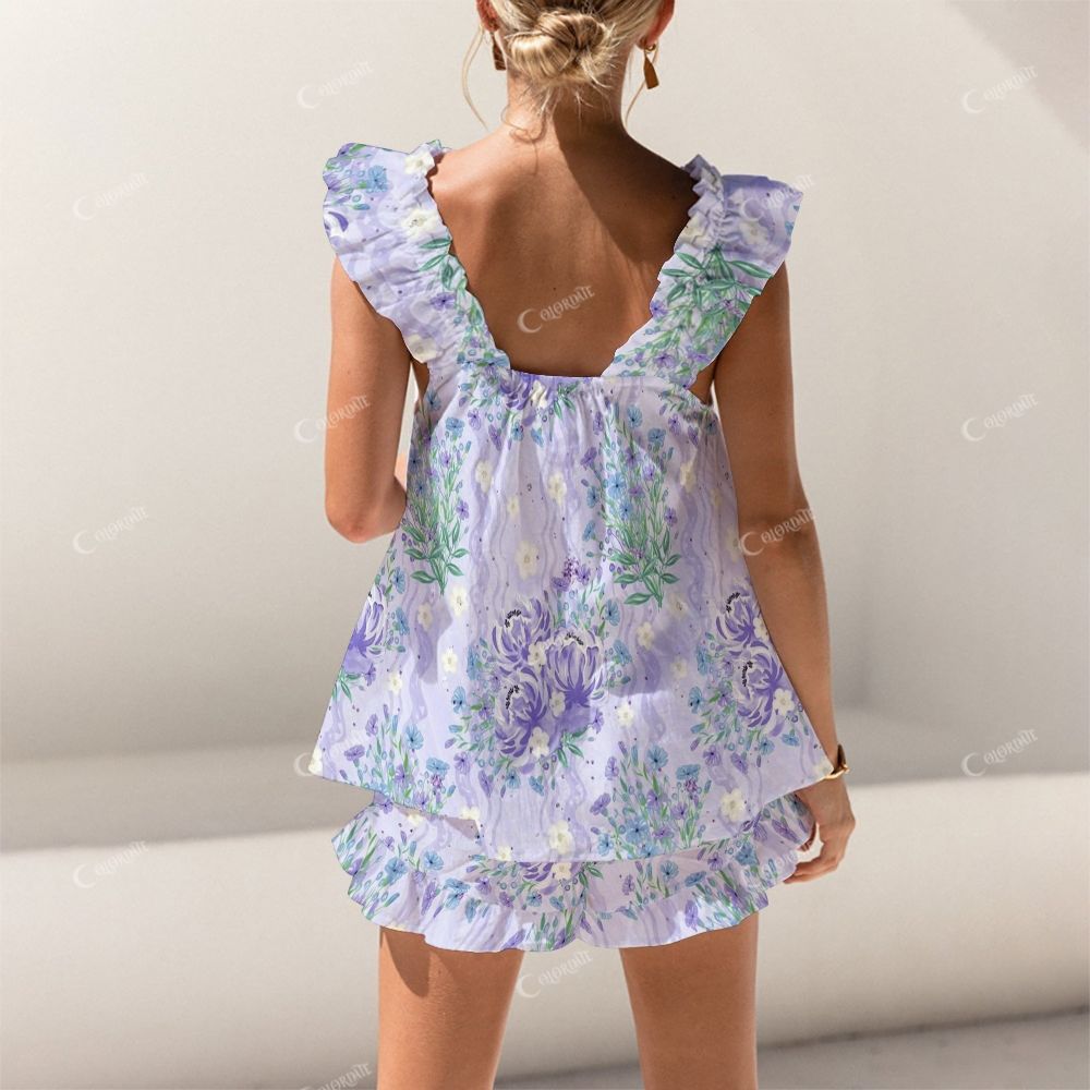 Colordate Purple Floral Print Short Tank Top Shorts Pajama Set