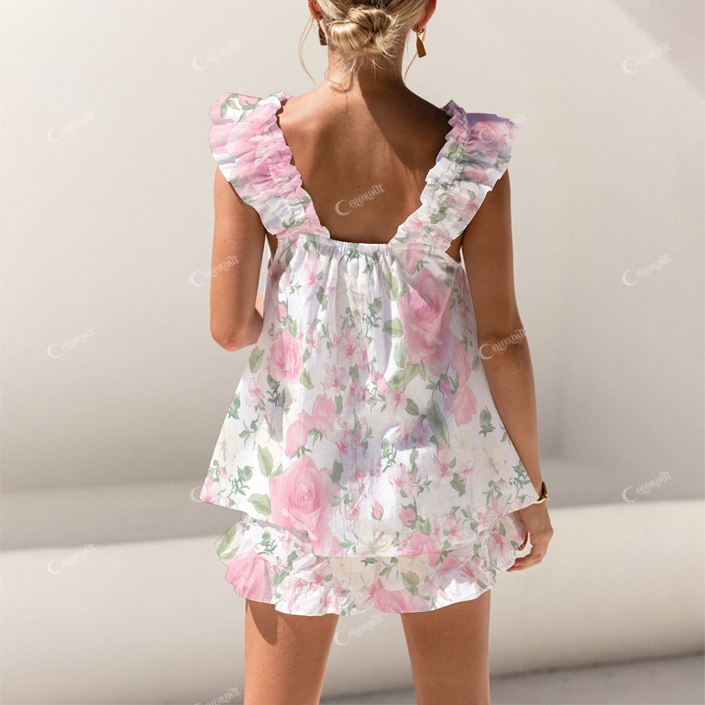 Colordate Pink And Yellow Floral Prints Short Tank Top Shorts Pajama Set