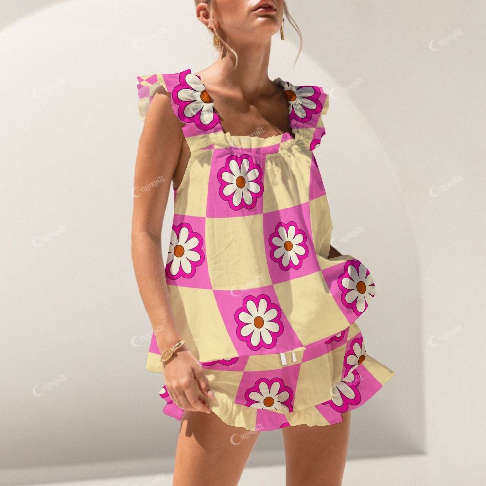 Colordate Checkered And Floral Prints Short Tank Top Shorts Pajama Set