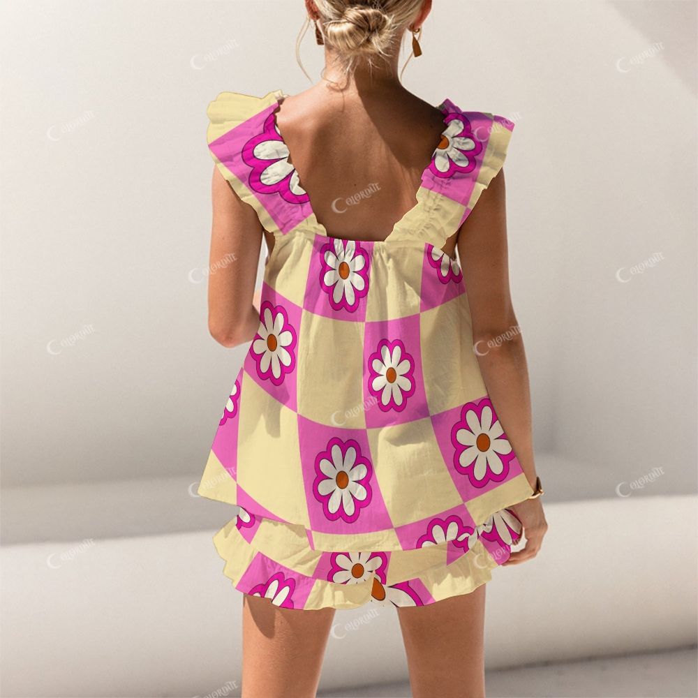 Colordate Checkered And Floral Prints Short Tank Top Shorts Pajama Set